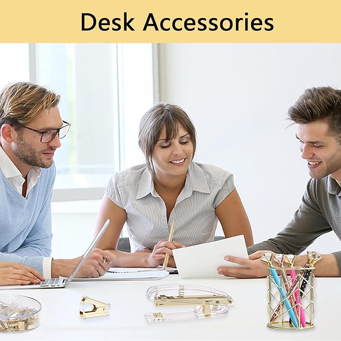 suniya Office Supplies,Desk Accessories,with Stapler,Tape Dispenser,Pen Holder Cup for Desk,Staple Remover,Scissor,Ballpoint Pen,Clear Tape, Staples,Phone Stand,Ruler,Binder,Best Gift Set(Gold)