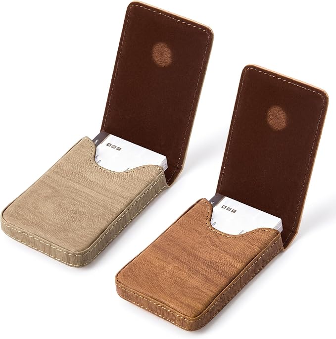 Outus 2 Pcs Business Card Holder, PU Leather Business Card Case Pocket Wallet with Magnetic Shut for Men Women(Wood,Classic)