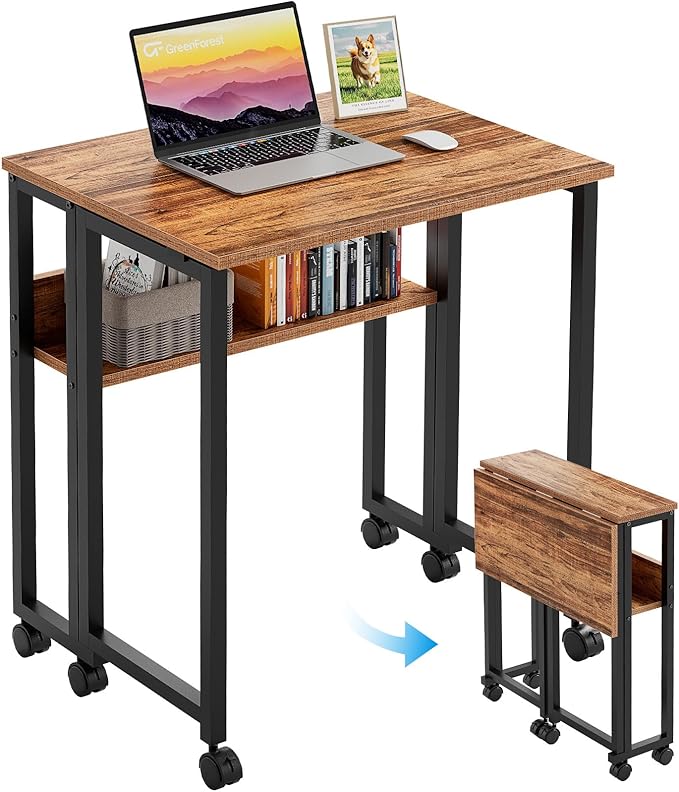 GreenForest Folding Desk with Wheels, 31.5" Rolling Table for Small Spaces | Storage Shelf, Lockable Casters, Compact Portable Workstation, Space-Saving Foldable Sofa Table, Home Office, Mobile, Walnut