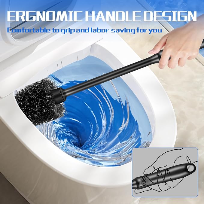 AONEZ Toilet Brush and Holder Set, 2 Pack Long-Handle Toilet Brush, Non-Slip Grip, Nylon Bristles, Deep Cleaning for Bathroom, Toilet Scrubber- Black
