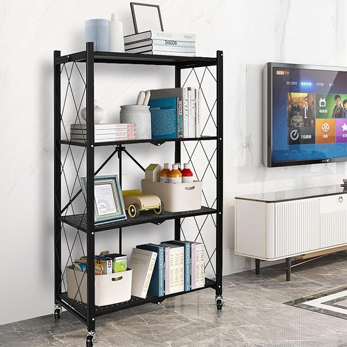 Life Hacks 2pcs 4-Tier Foldable Shelves for Storage, No Assembly Required, Folding Shelf Unit Pantry Shelves with Wheels, Metal Shelving Storage Rack Shelf for Kitchen Garage Home