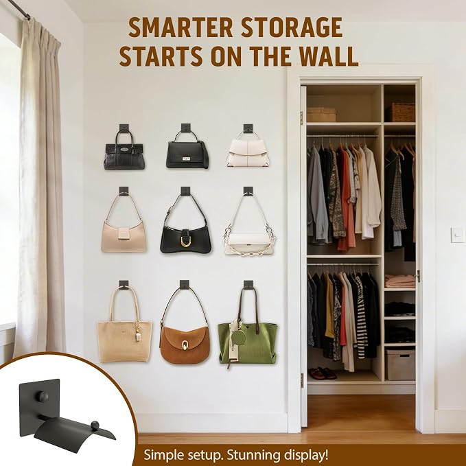 Wall Mounted Purse Organizer for Closet – Arc Handbag Holder Protects Handles & Saves Space, Adhesive or Screw Mount, Purse Hanger for Bedroom, Entryway, Office & Closet Storage (Black)