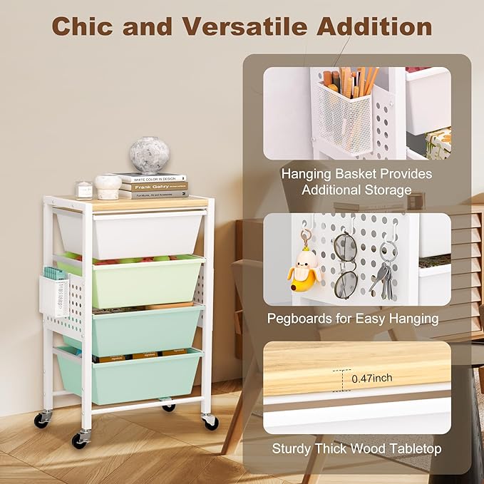 Rolling Cart with Drawers, Rolling Storage Cart with Large Plastic Drawers & Wooden Tabletop, Utility Cart with Pegboards & Basket, Storage Drawers Cart for Living Room, Classroom, Bedroom, Office