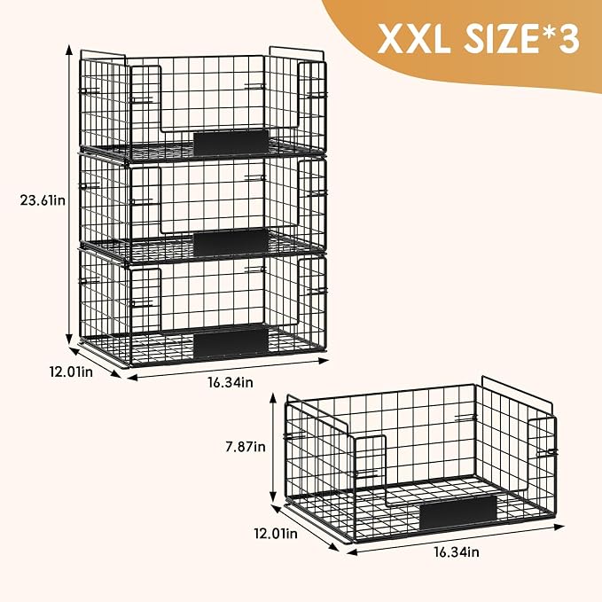 3 Pack XXL Stackable Wire Baskets with Handles & Name Plates | Pantry Organizers and Storage, Snack Organizer & Vegetable Basket & Metal Pantry Bin, Large Capacity, Durable and Sturdy
