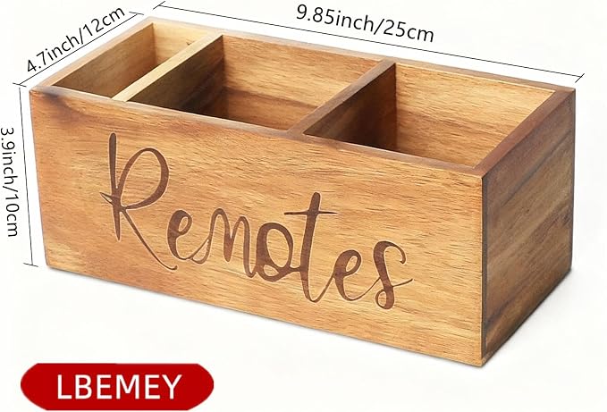 LBEMEY Remote Control Holder Caddy, Acacia Wood TV Remote Holder, Remote Organizer for Table, Vintage Farmhouse Desk Caddy (Brown-for 5+ Remote Controls)
