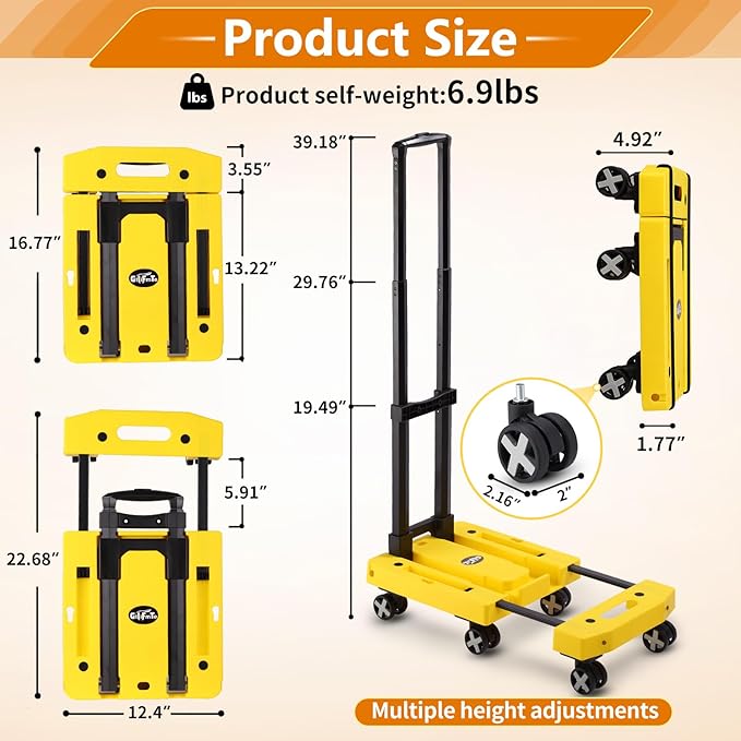 Folding Hand Truck Lightweight Hand Truck Dolly Foldable,Luggage cart with 6 Rotate Wheels, Utility Cart with Adjustable Handle,Collapsible Dolly for Moving (Yellow)
