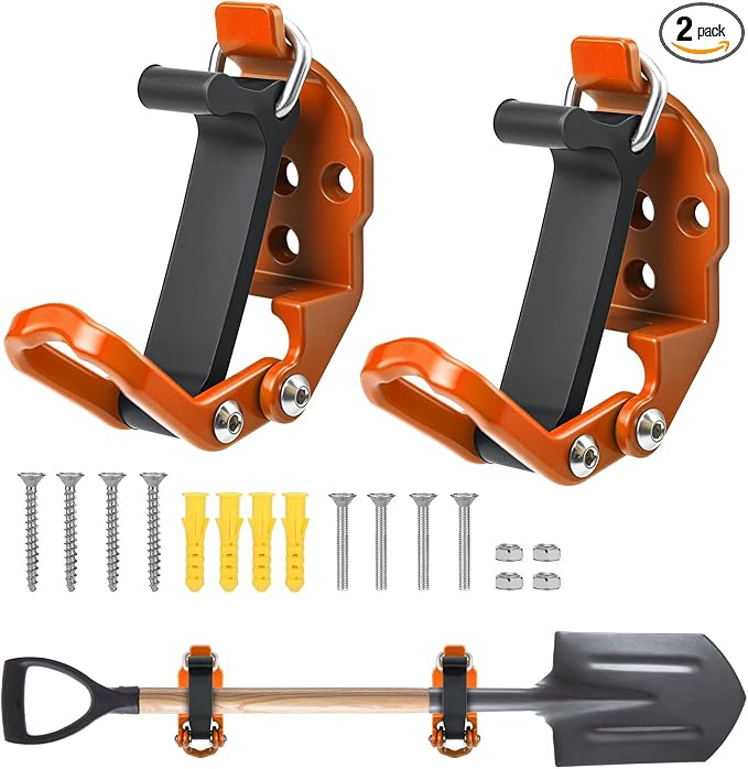 2 Pack Shovel Holder Wall Mount for Truck & Trailer, Adjustable Rubber-Coated Clamp for Shovel, Broom & Rake,Axe (0.6"–1.43"), Tool Holder for Overlanding, Off-Road, Work Truck & Garage,Orange