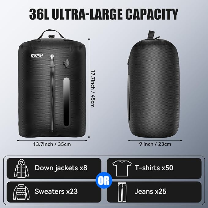 Vacuum Bags for Travel, Waterproof Compression Bags with Wireless Lockable Pump, Reusable Vacuum Packing Cubes Compatible with Suitcase, Luggage, Backpack (2, Black, 36L)