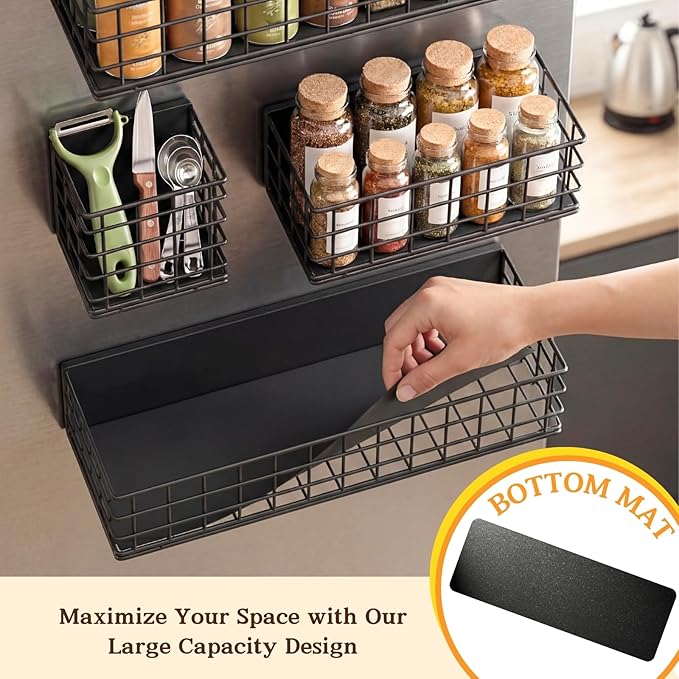 Ofiray-home Magnetic Fridge Shelf, 4-Pack Metal Strong Magnet Rack, Space Saving Spice Organizer, Utensil Holder, Fruit Potato Onion Storage Bins, Black Refrigerator Organizers and Storage