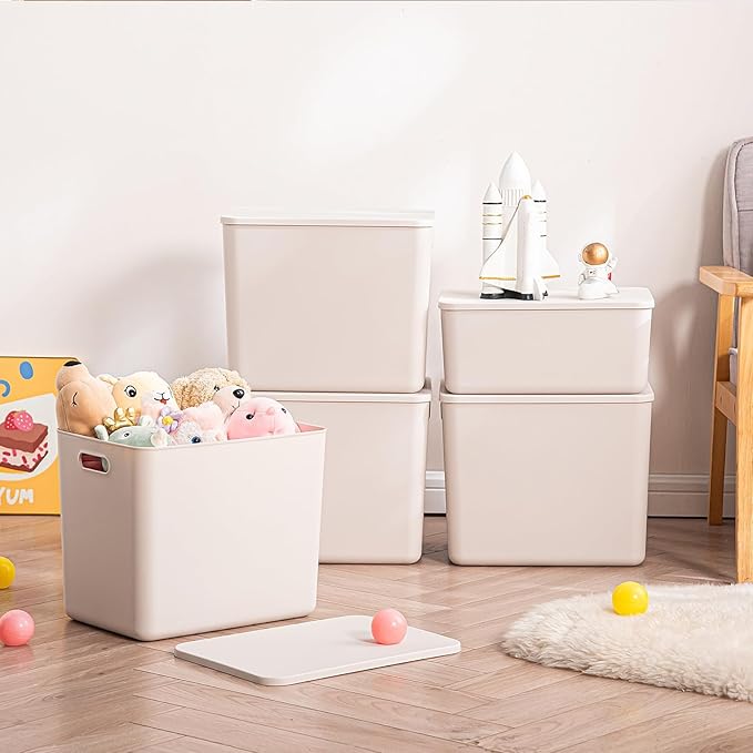 Plastic Storage Bins with Lid, White Stackable Storage Basket Organizer Box, Sturdy Containers Organizing Lidded Bins for Shelves, Cabinet, Desk, Pantry, Bedroom, Book, Toys (gray, 6XL+4M)