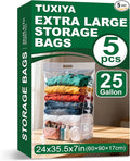 5 PACK 25 Gallon Extra Large Storage Bags, 35.5"x 24"x 7" Resealable Clear Zipper Bags with Handle, Heavy Duty Big Bag for Clothes Pillow Travel Moving, Expandable Bottom, 8 Mil Thick