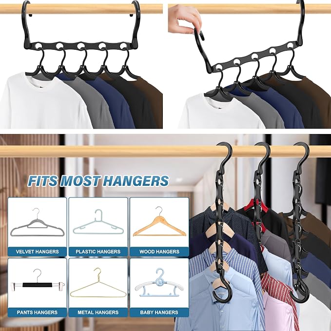10 Pack Hangers Space Saving Magic Sturdy Plastic Hanger Organizer Shirt Space Saving Hangers, Multi Clothes Hangers Space Saver for Closet Organizers Storage College Dorm Room Essentials, Black