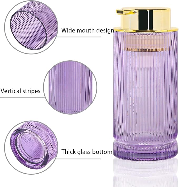 Foaming Soap Dispenser, 14 Oz Glass Foam Hand Soap Dispenser with Gold Pump, Purple Bathroom Refillable Liquid Lotion Pump Container Ribbed Bottle for Kitchen Countertop Decor