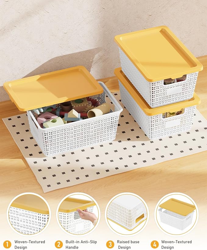 EOENVIVS Storage Bins Bakets with Lids 6 Pack, Stackable Organizer Bins for Small Spaces, Pantry, Closet & Bathroom, Secure Snap Lids, 11x7x5 Plastic Storage Containers for Shelf Organization, White