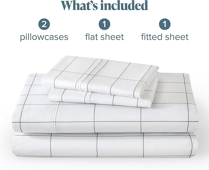 Bare Home Queen Sheet Set - Luxury 1800 Ultra- Soft Double Brushed Microfiber - Deep Pockets - Easy Fit - 4 Piece Bedding Sheet Set (Queen, Grid - White/Grey)