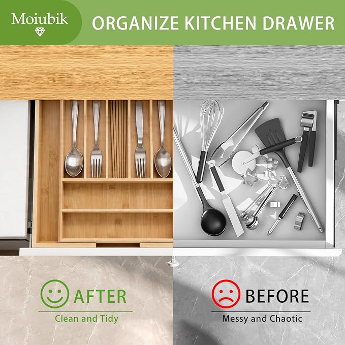 Bamboo Expandable Silverware Drawer Organizer, Adjustable Utensil Tray Cutlery Holder for Kitchen Drawer, Flatware Storage Organizer for Spoons, Forks and Knives, Natural (5 Slot,)