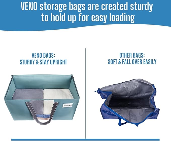 VENO 8 Pack Heavy Duty Moving Bags, Clothes and Comforter Storage Bags with Clear Window, College Dorm Essentials Packing Supplies, Foldable Boxes Alternative (Shiny Light Blue, 8 Pack)