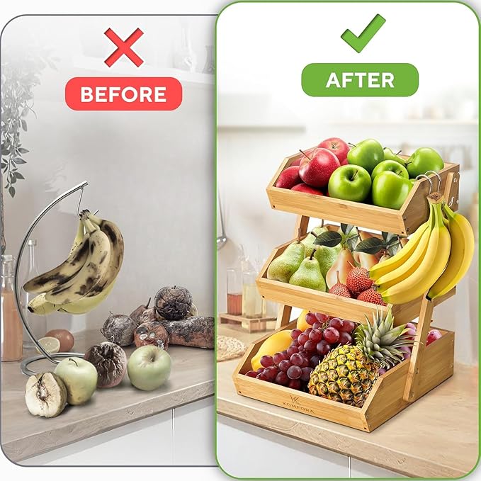 KOMFORA Bamboo Fruit Basket 3-Tier - Premium Produce Basket for Kitchen w/ 2 Hangers - Durable & Easy to Assemble Stand for Countertop - Perfect Holder for Vegetables, Bread, Snacks & More