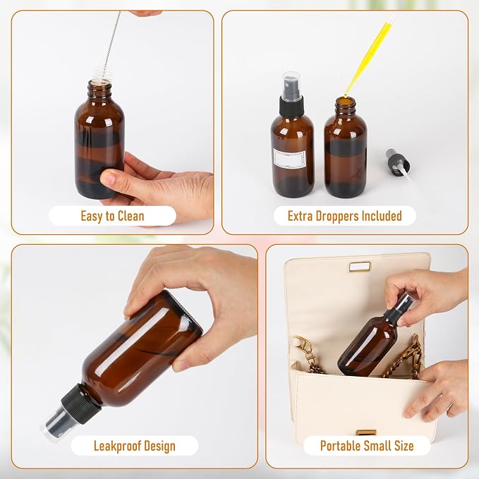 Jaisie.W 4 oz Amber Glass Spray Bottles 24 Pack, Leakproof Small Refillable | Containers for Perfumes, Cleaning Products, Pet, Essential Oils - Empty Travel Size Bottles for Hair,Plants, Premium Sprayers