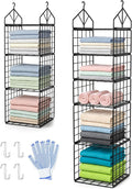 2 Pack Hanging Closet Organizer and Storage, 5 Tier & 3 Tier Metal Wire Closet Shelves with 8 S Hooks, Hanging Storage Shelf for Clothes Shoes Sweaters Handbags Laundry