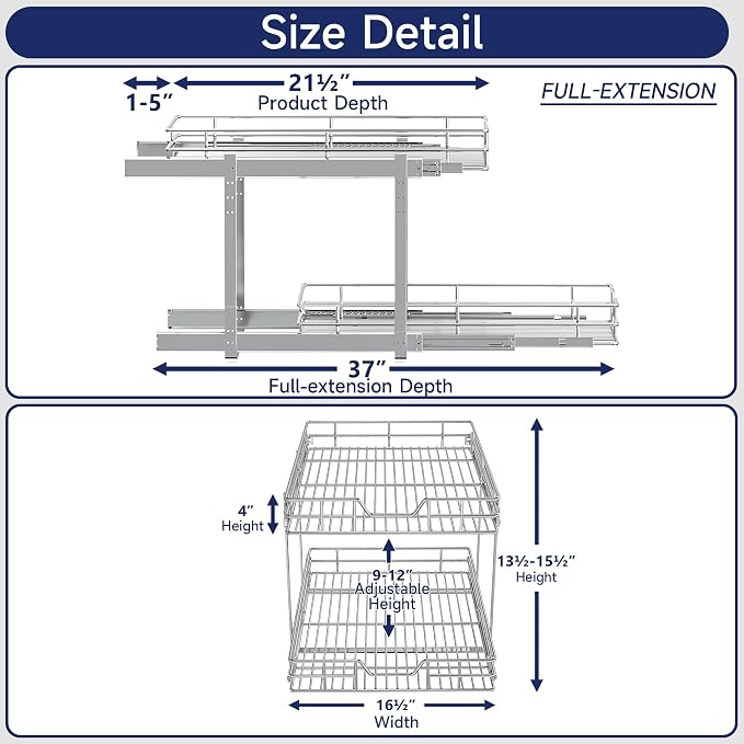 2-Tier Pull Out Cabinet Organizer, 16.5" W x 21.5" D, Heavy Duty Dual Slide Out Shelves for Base Cabinets, Chrome Wire Basket Drawer for Pantry, Kitchen & Bathroom Storage