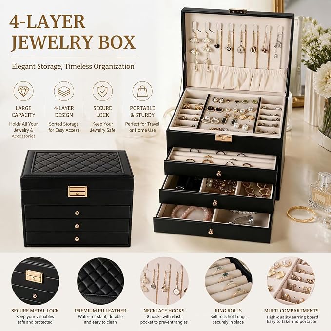 Leather Jewelry Box with Lock for Women, 4-Tier 3-Drawer Large Capacity Organizer, Vanity Storage Case for Earrings Rings Necklaces, Elegant Gift for Her (Balck, 9" L x 6.7" W x 7" H)