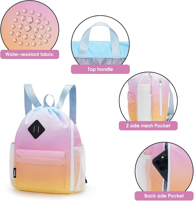 WANDF Drawstring Backpack with Shoe Compartment, Sports Gym Bag | Multi-Pocket Storage, Water-Resistant Fabric, Cinch String Bag