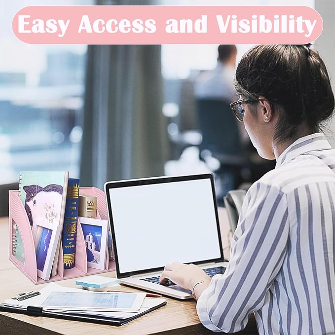 A4 File Holder Magazine File Folder Desk Organizer, 4 Vertical Compartments Bookshelf Document Divider Paper Box Bookends for Office Home Organization and Storage Racks