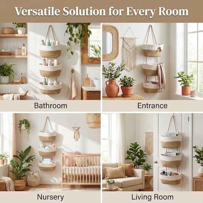 Hanging Basket, Woven 3 Tier Over Door Basket with 4 Hooks | Hanging Storage Basket for Door, Wall, Nursery, Bathroom, Bedroom, Decorative Over Door Basket Organizer for Stuffed Animals
