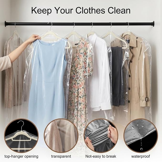 10Pcs Clear Plastic Garment Bag 71 Inch Dry Cleaner Hanging Clothes Cover | Long waterproof garment bags for travel moving storage. Plastic protective cover for dresses gowns suits dance costumes.