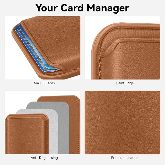 Stronger Magnetic RFID Leather Mag-Safe Card Holder for iPhone 16 Series, Mag-Safe Accessories Stick on Series of iPhone 17/16/15/14/13/12 and Pro/Promax, Brown