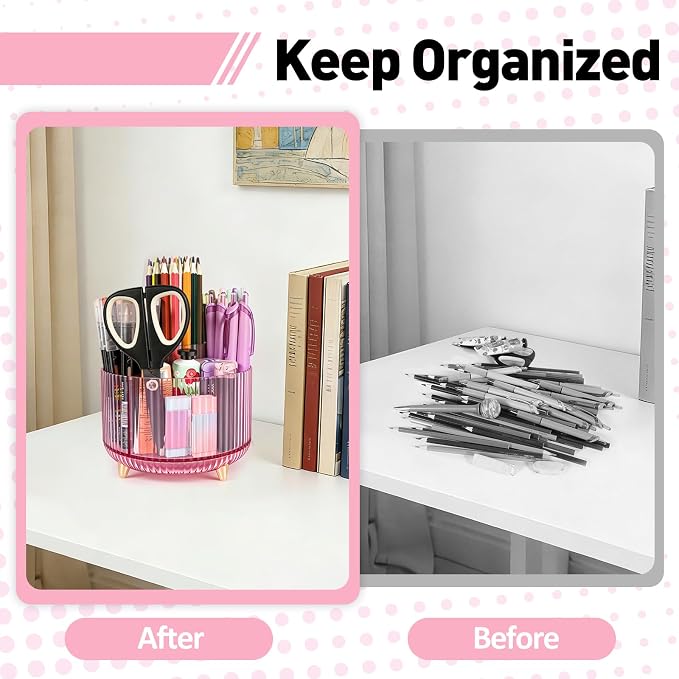 360 Rotating Pen Pencil Holder for Desk, Pen Organizer with 5 Slots, Makeup Brush Holder, Desk Organizer and Accessories, Cute Pencil Cup Caddy for Office School Home Decor Art Supply (Pink)
