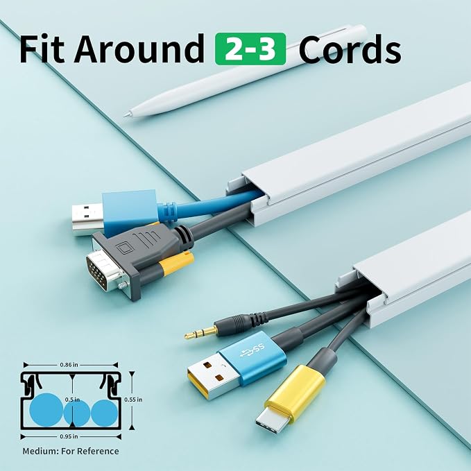 Delamu Cord Hider, 100in Self-Adhesive Cord Cover Kit for Wall Mounted TV, Paintable Wire Hider, Flexible Cable Management System, Cable Raceway Conceals 2-3 Wires, W0.95 H0.55in, White
