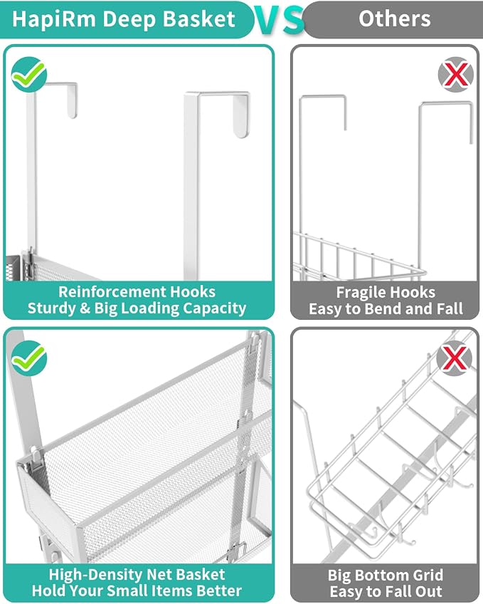 HapiRm Over Door Hook with 2 Mesh Baskets and 9 Hooks, 304 Stainless Steel No Drilling Over The Door Hanger, Storage Organizer for Bathroom, Kitchen, Bedroom-White (for 1.57in Doors)