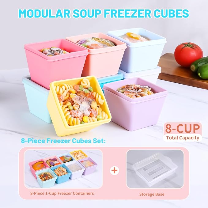 Gemice 1-Cup Silicone Freezer Molds with Lids & Base for Soup, 8-Pack | Oven & Dishwasher Safe, BPA-Free Soup Portion Cubes Trays, Freezer Containers for Food Storage & Meal Prep