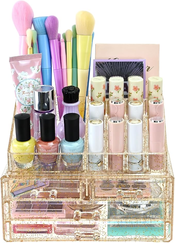 Ikee Design Acrylic Makeup Organizer with 4 Drawers Removable Top Lipstick Holders, Cosmetics Organizer for Skincare, Accessories, Lip Gloss for Vanity or Bathroom Countertop, Gold Glitter