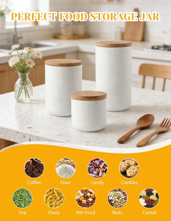 YYW Ceramics Food Storage Jar Canister with Airtight Seal Bamboo Lid, Simple Style Kitchen Canister for Food Storage, Store Coffee, Sugar, Tea, Spices and More (White (33.81oz/1000ml))