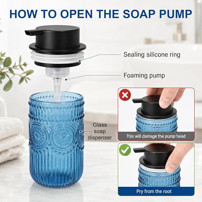 Glass Foaming Hand Soap Dispenser, 13.8 oz Kitchen Dish Soap Dispenser with Black Foam Pump,Blue Foam Soap Dispenser for Bathroom Decor