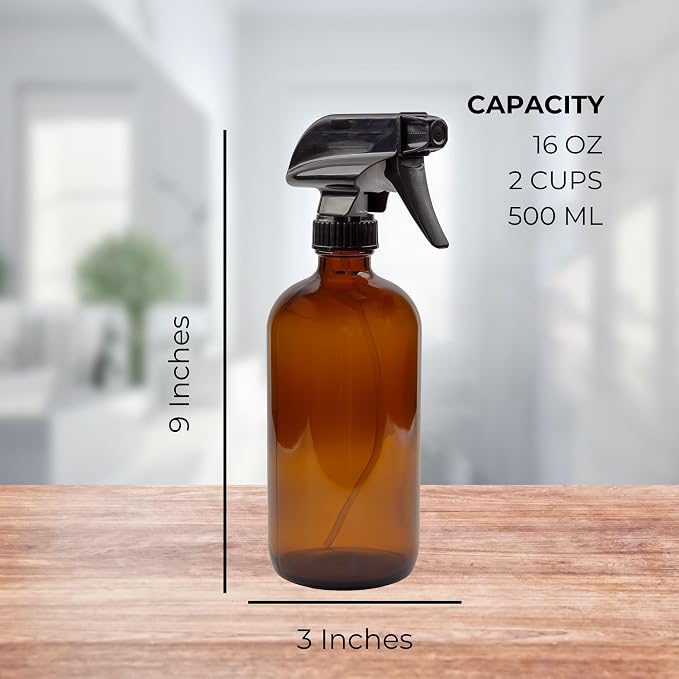 Cornucopia Brands 16oz Amber Glass Spray Bottles w/Reusable Chalk Labels (2 Pack), Heavy Duty Mist & Stream 3-Setting Sprayer; Great for Essential Oils
