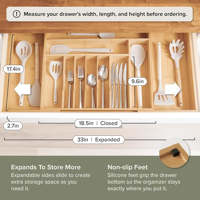 KitchenEdge Premium Silverware, Flatware and Utensil Organizer for Kitchen Drawers, Food-Safe Contract Grade, Expandable from 18 to 33 In, Natural Bamboo