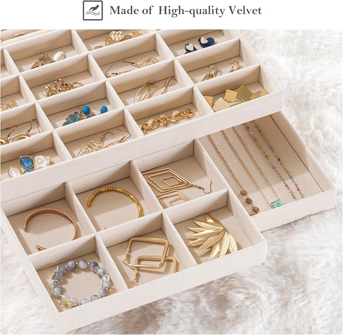 ProCase Stackable Large Jewelry Drawer Organizer, 3 Pack Velvet Jewelry Organizer Tray with Removable Dividers for Earring Necklace Bracelet -Beige