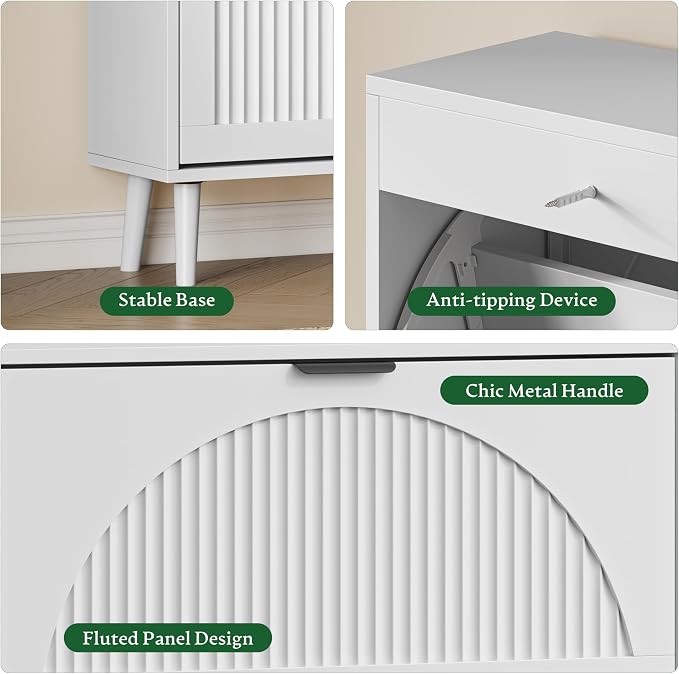 Xixini Shoe Storage Cabinet with 2 Flip Drawers, 36" Tall Narrow Wood Fluted Shoe Organizer for Entryway, Freestanding Wooden Hidden Slim Shoe Rack for Front Door Entrance, Hallway, Foyer, Solid White