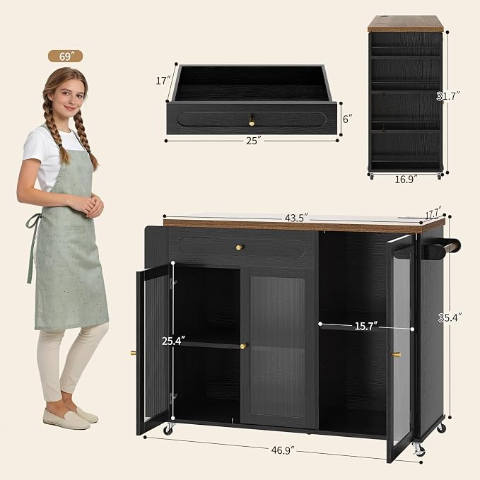 Kitchen Island with Power Outlet - Kitchen Cart on Wheels with Storage Cabinets & Drawers, Rolling Island Table with Spice & Towel Rack, Portable Islands with Large Wood Counter, Dinning Room