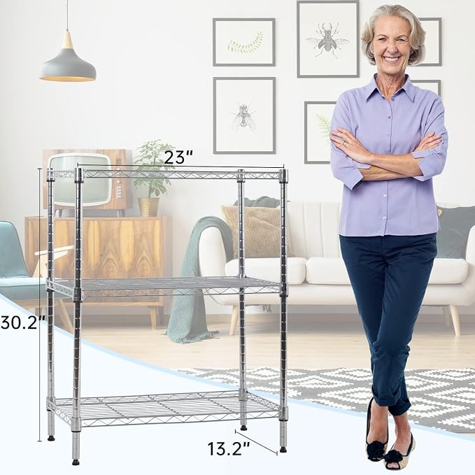 Meet perfect 3-Tier Metal Shelving Unit, 30.2" H x 13.2" W x 23" D Adjustable Wire Rack, 450 lbs Heavy Duty Storage Organizer for Kitchen, Garage, Pantry, Laundry