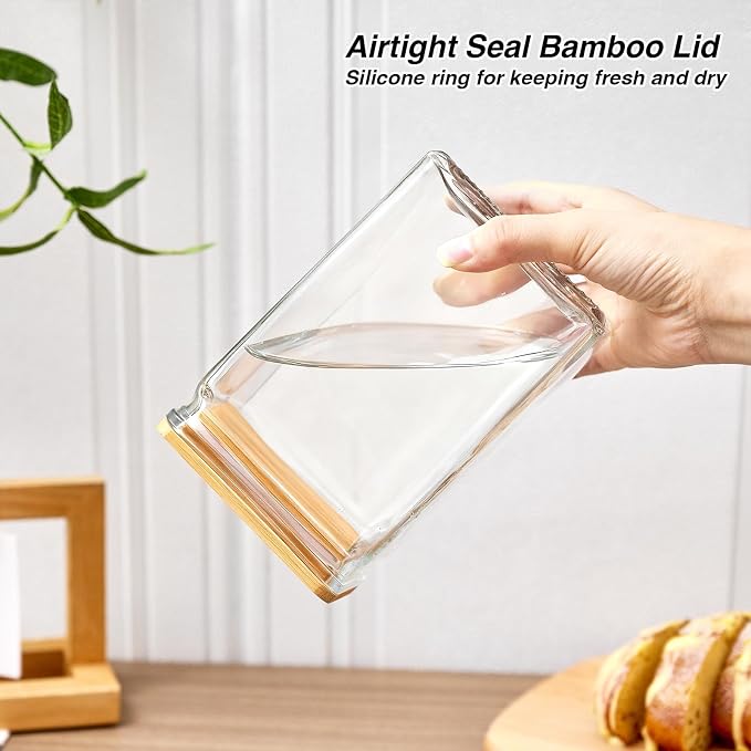 Glass Storage Jars with Bamboo Lids, 27oz Square Spice Jars for Kitchen Pantry Organization, Glass Seasoning Bottles Spice Containers with Labels for Cereal Flour Beans Tea