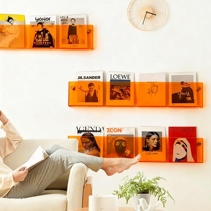 ROYALITA 2-Pack Acrylic Magazine Holder Brochure Holder, Orange 36 Inch | Record Magazine Rack, Fashion Floating Bookshelf, Literature Storage Rack for Waiting Room, Living Room, Office