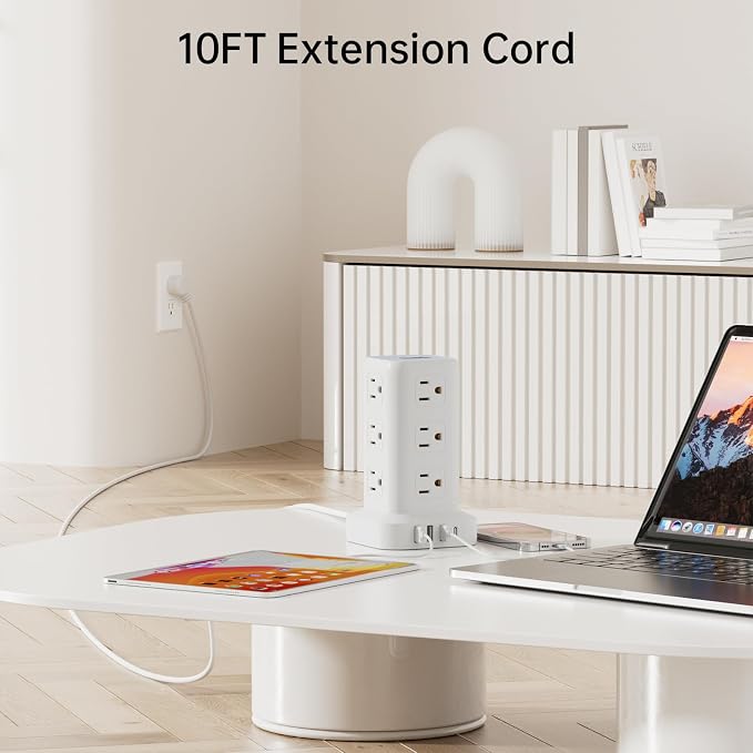 Power Strip with 12 Outlets 4 USB (1 USB C), 10Feet Extension Cord with Multiple Outlets, Charging Station, Power Strip Tower, Home Office Desk Supplies
