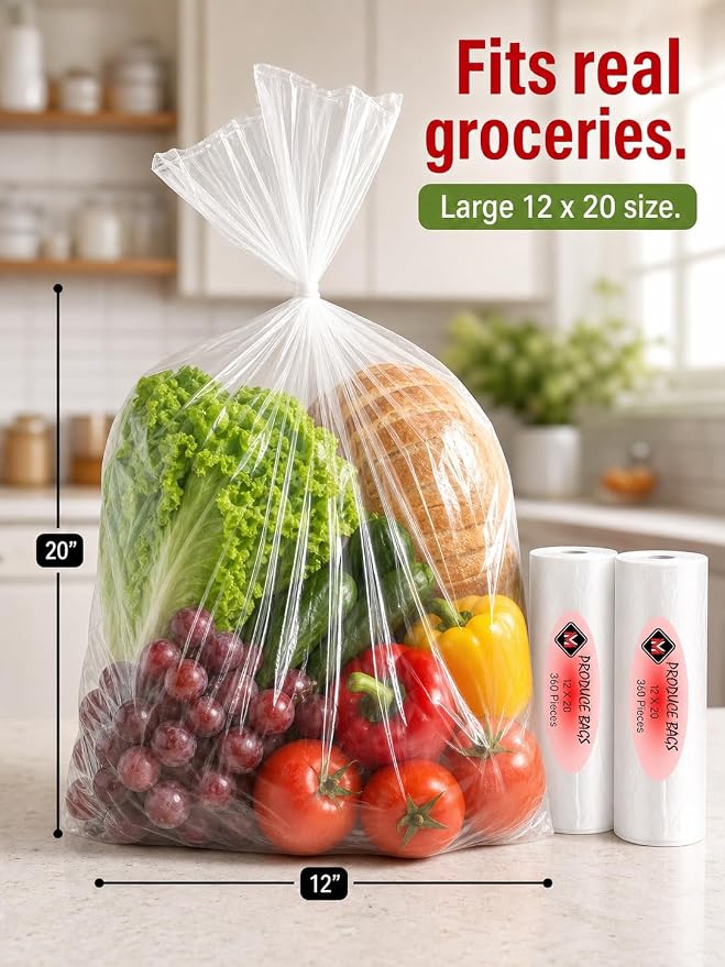 Plastic Produce Bags for Food Storage - 12"x20" Clear Grocery Bag for Fruits, Vegetables, Bread - Easy Peel-Off Design, Continuous Roll, 1.75" Core, Pack of 720 Bags [2 rolls]