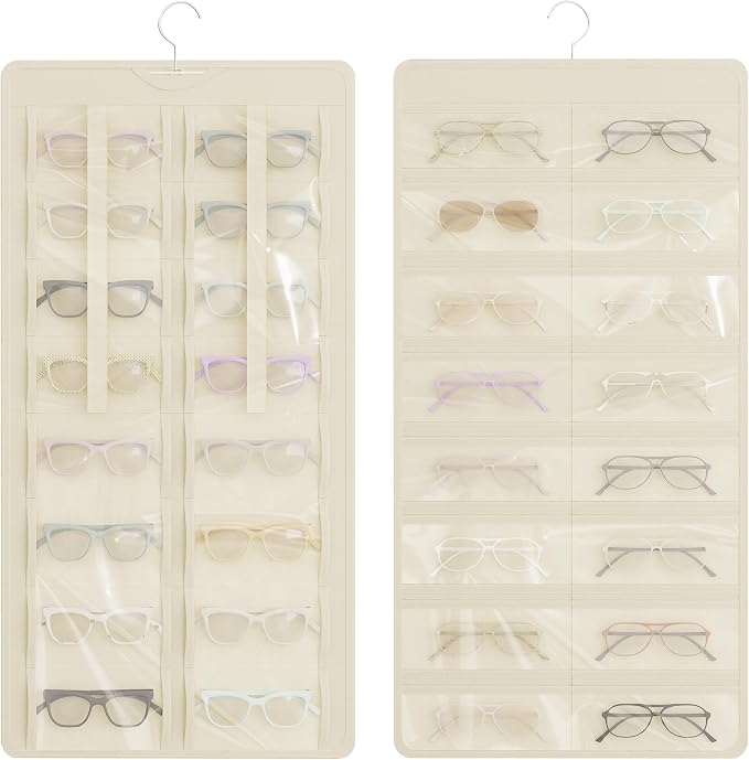 Hanging Sunglasses Organizer and Storage, 32 Slots Jewelry Holder, Beige | Protect eyewear from dust with double-sided clear compartments; roof design hangs on wall, door or closet for home/RV travel.