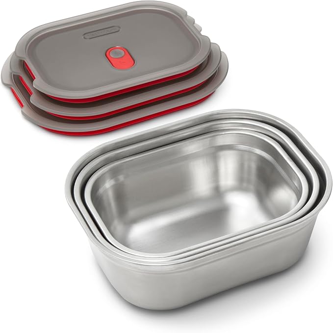 BLACK + BLUM Stainless Steel Microwave Safe Container Set | Mixed Set of 3 | Set of 600ml/900ml/1.2L, Leak Proof & Airtight, Durable & Reusable, Stackable Food Storage, Ideal for Meal Prep Batch Cooking